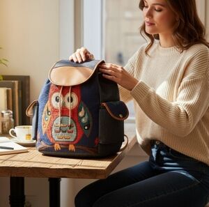 NWOT Handmade Owl Design  Backpack - Blue and Brown
